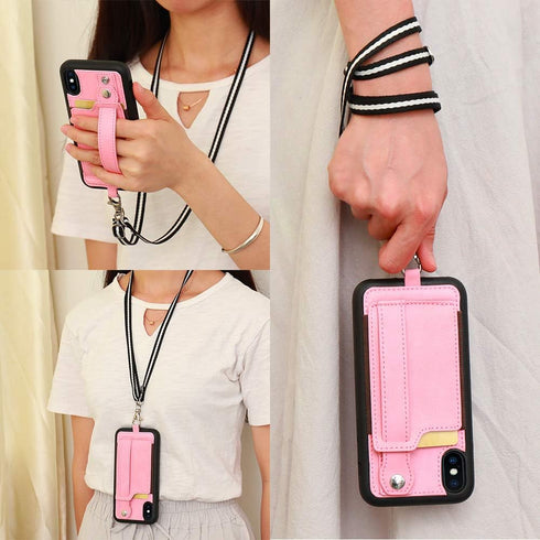 TOOVREN Phone Case for iPhone X/Xs Wallet Case Phone Lanyard Neck Strap for iPhone Xs / 10 Protective Case with Stand Leather PU Card Holder Adjus...